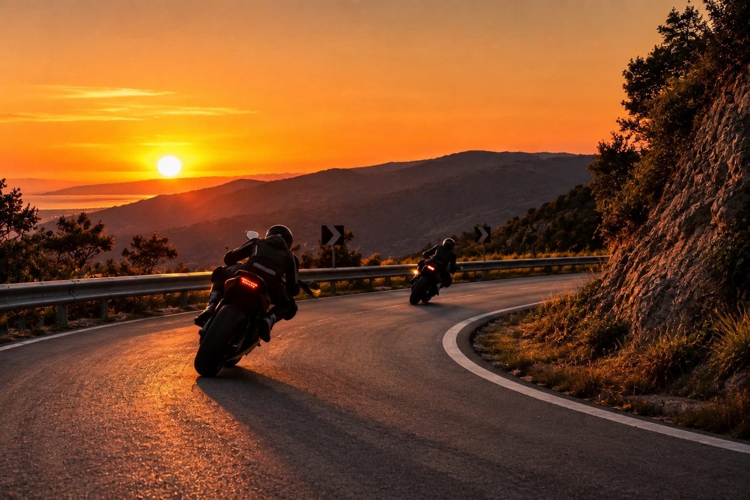 Motoristas circulando por una carretera de curvas en un puerto de montaña al atardecer